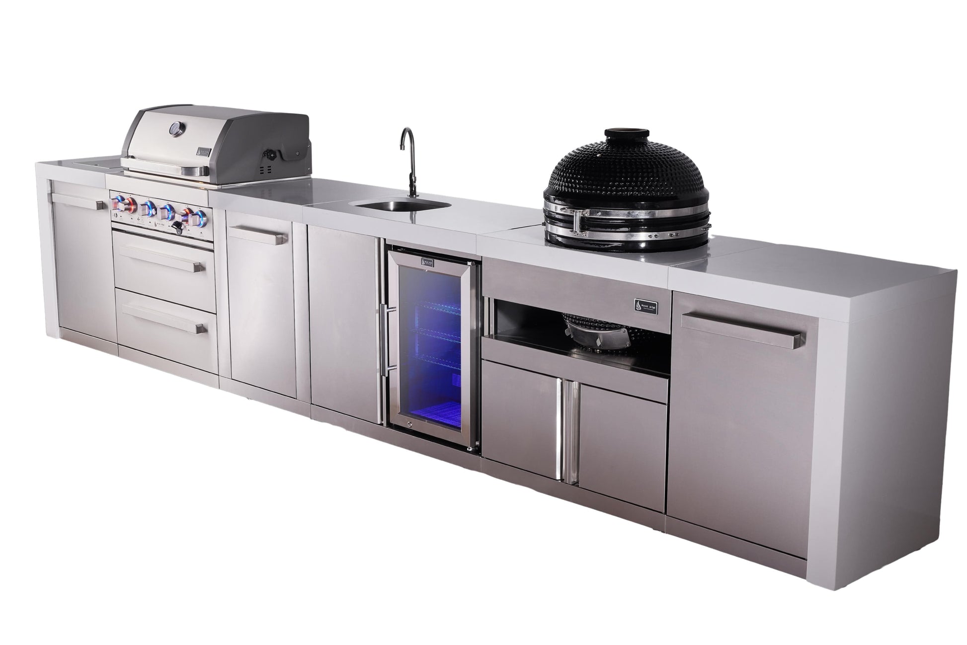 Mont Alpi Islands Mont Alpi 400 Deluxe Island with Beverage Center, Kamado Grill, and Extra Storage Cabinet | 4-Burner Grill, Sink, Fridge, Stainless Steel | MAi400-DBEVKAMXL