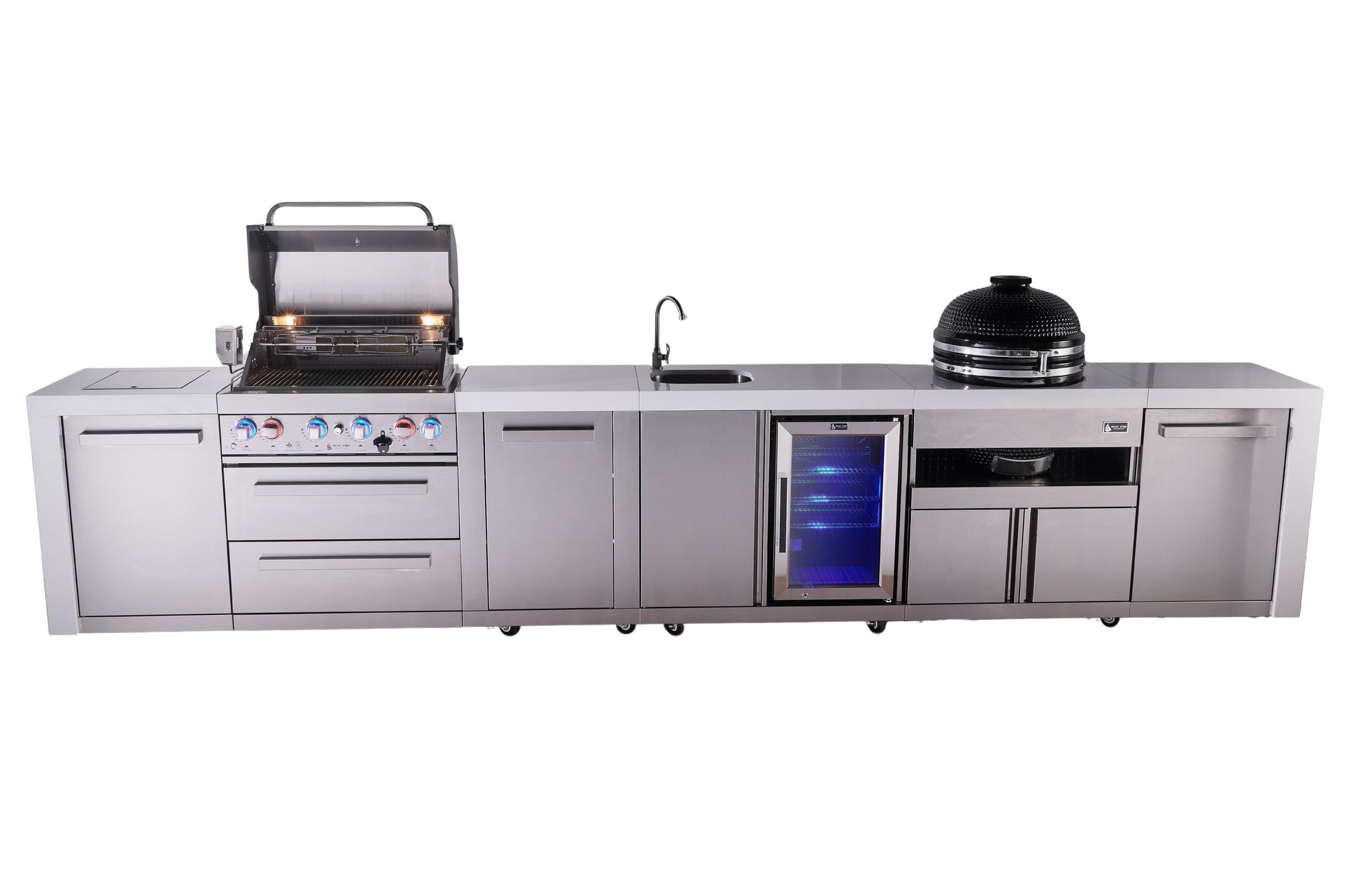 Mont Alpi Islands Mont Alpi 400 Deluxe Island with Beverage Center, Kamado Grill, and Extra Storage Cabinet | 4-Burner Grill, Sink, Fridge, Stainless Steel | MAi400-DBEVKAMXL