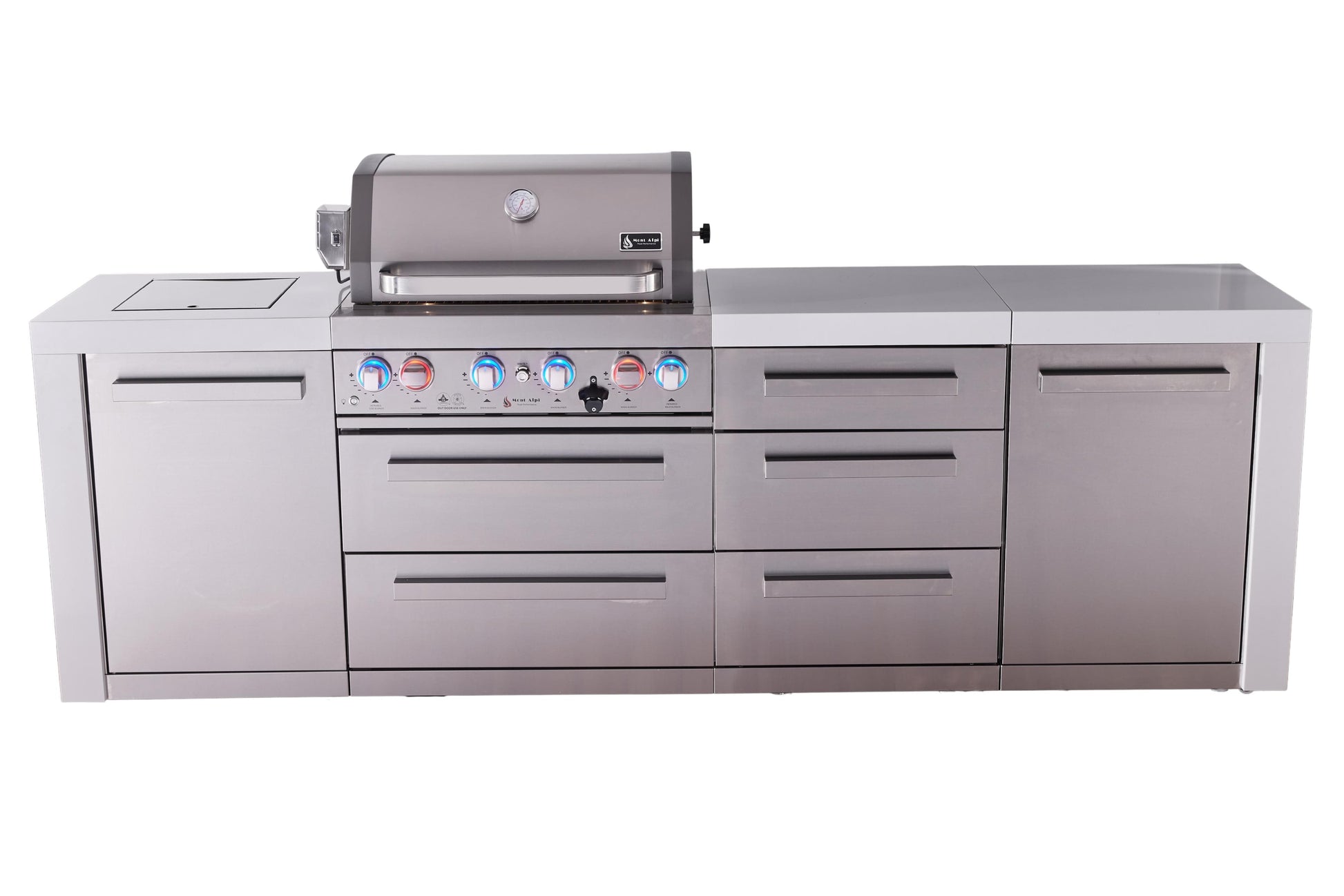Mont Alpi Islands Mont Alpi 400 Deluxe Island with Drawer Cabinet | 4-Burner Grill, 3 Drawers, Stainless Steel | MAi400-DDR