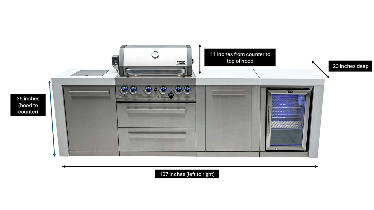 Mont Alpi Islands Mont Alpi 400 Deluxe Island with Fridge Cabinet / 4-Burner Grill, 2 Infrared Burners, Fridge, Storage Cabinet, Stainless Steel / MAi400-DFCXL