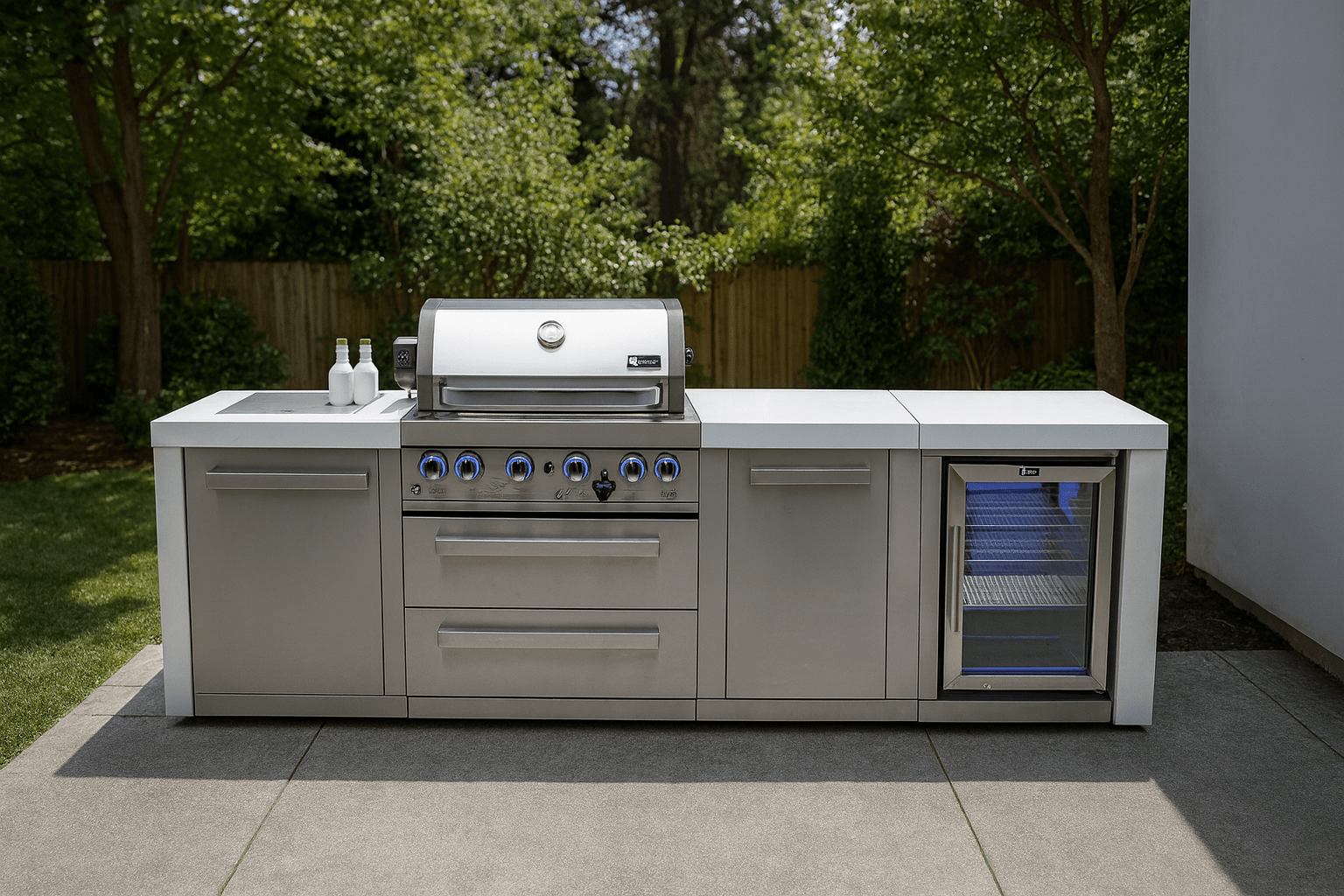Mont Alpi Islands Mont Alpi 400 Deluxe Island with Fridge Cabinet / 4-Burner Grill, 2 Infrared Burners, Fridge, Storage Cabinet, Stainless Steel / MAi400-DFCXL