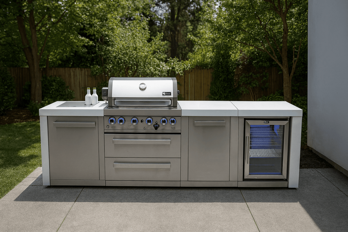 Mont Alpi Islands Mont Alpi 400 Deluxe Island with Fridge Cabinet / 4-Burner Grill, 2 Infrared Burners, Fridge, Storage Cabinet, Stainless Steel / MAi400-DFCXL