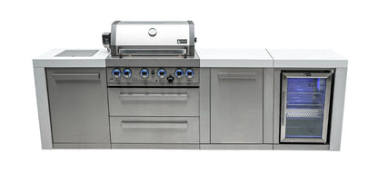 Mont Alpi Islands Mont Alpi 400 Deluxe Island with Fridge Cabinet / 4-Burner Grill, 2 Infrared Burners, Fridge, Storage Cabinet, Stainless Steel / MAi400-DFCXL