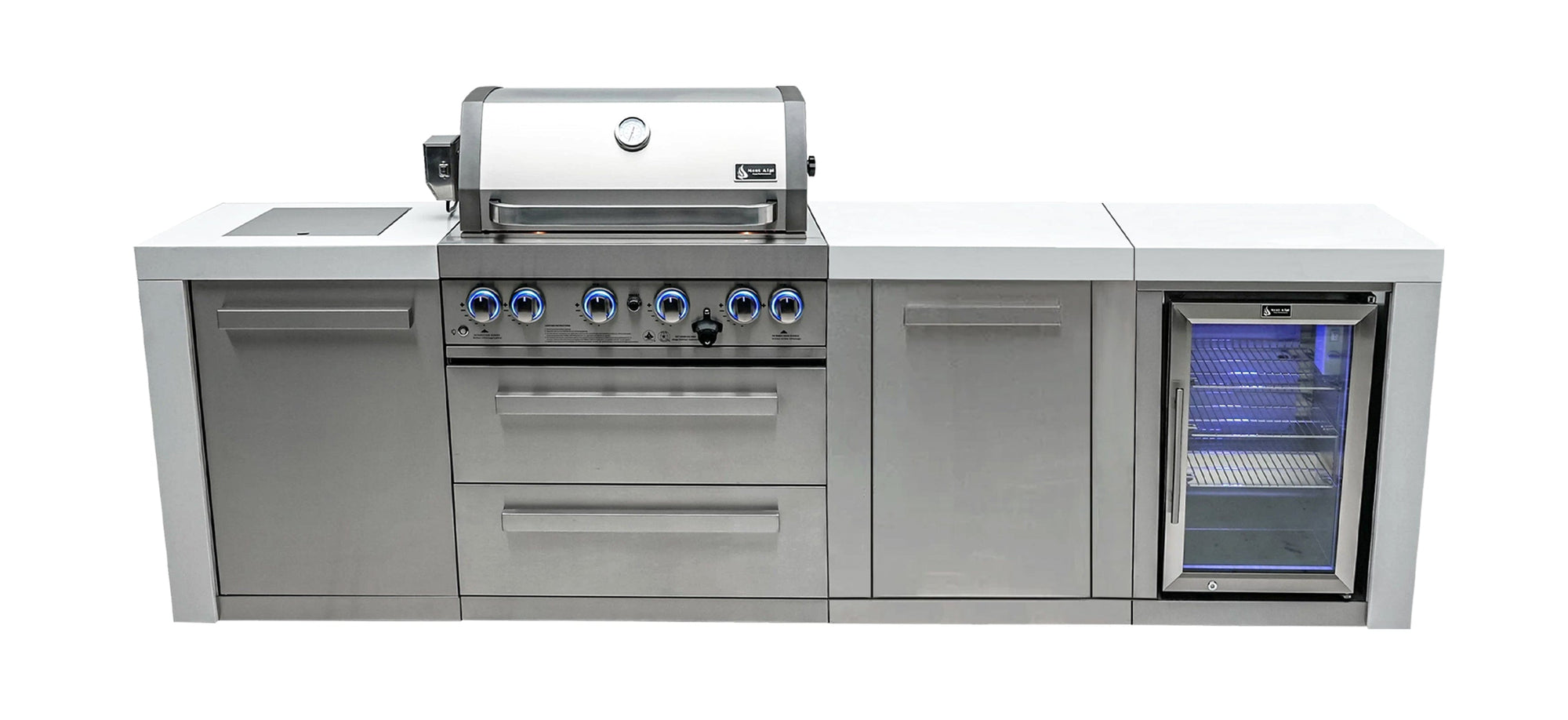 Mont Alpi Islands Mont Alpi 400 Deluxe Island with Fridge Cabinet / 4-Burner Grill, 2 Infrared Burners, Fridge, Storage Cabinet, Stainless Steel / MAi400-DFCXL
