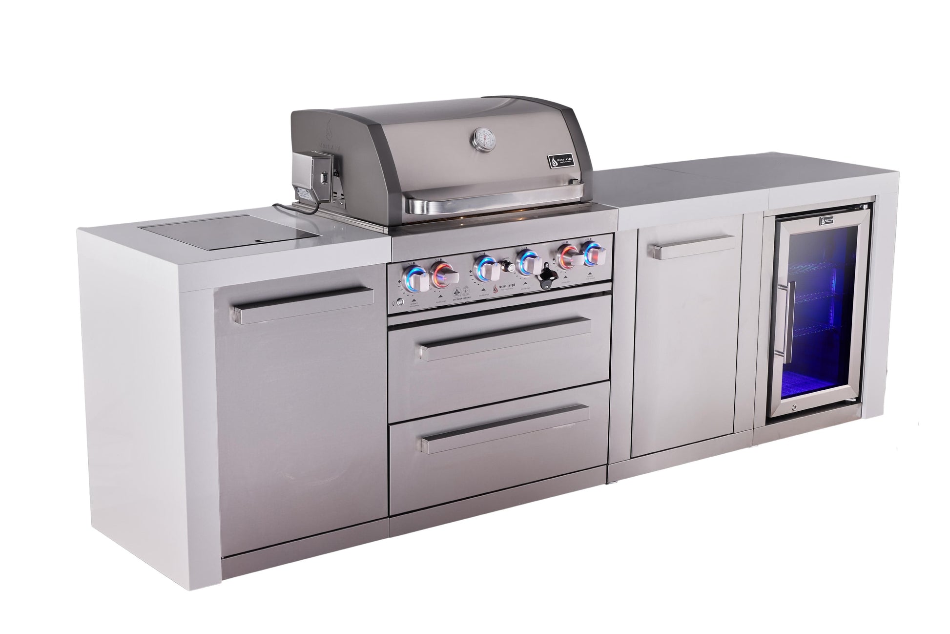 Mont Alpi Islands Mont Alpi 400 Deluxe Island with Fridge Cabinet / 4-Burner Grill, 2 Infrared Burners, Fridge, Storage Cabinet, Stainless Steel / MAi400-DFCXL