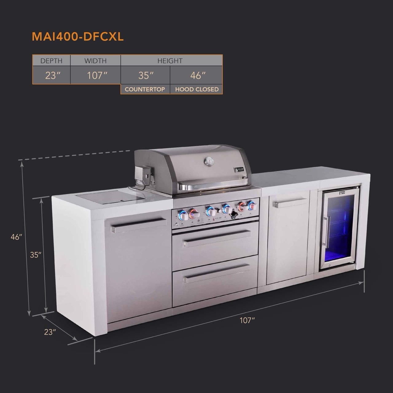 Mont Alpi Islands Mont Alpi 400 Deluxe Island with Fridge Cabinet / 4-Burner Grill, 2 Infrared Burners, Fridge, Storage Cabinet, Stainless Steel / MAi400-DFCXL