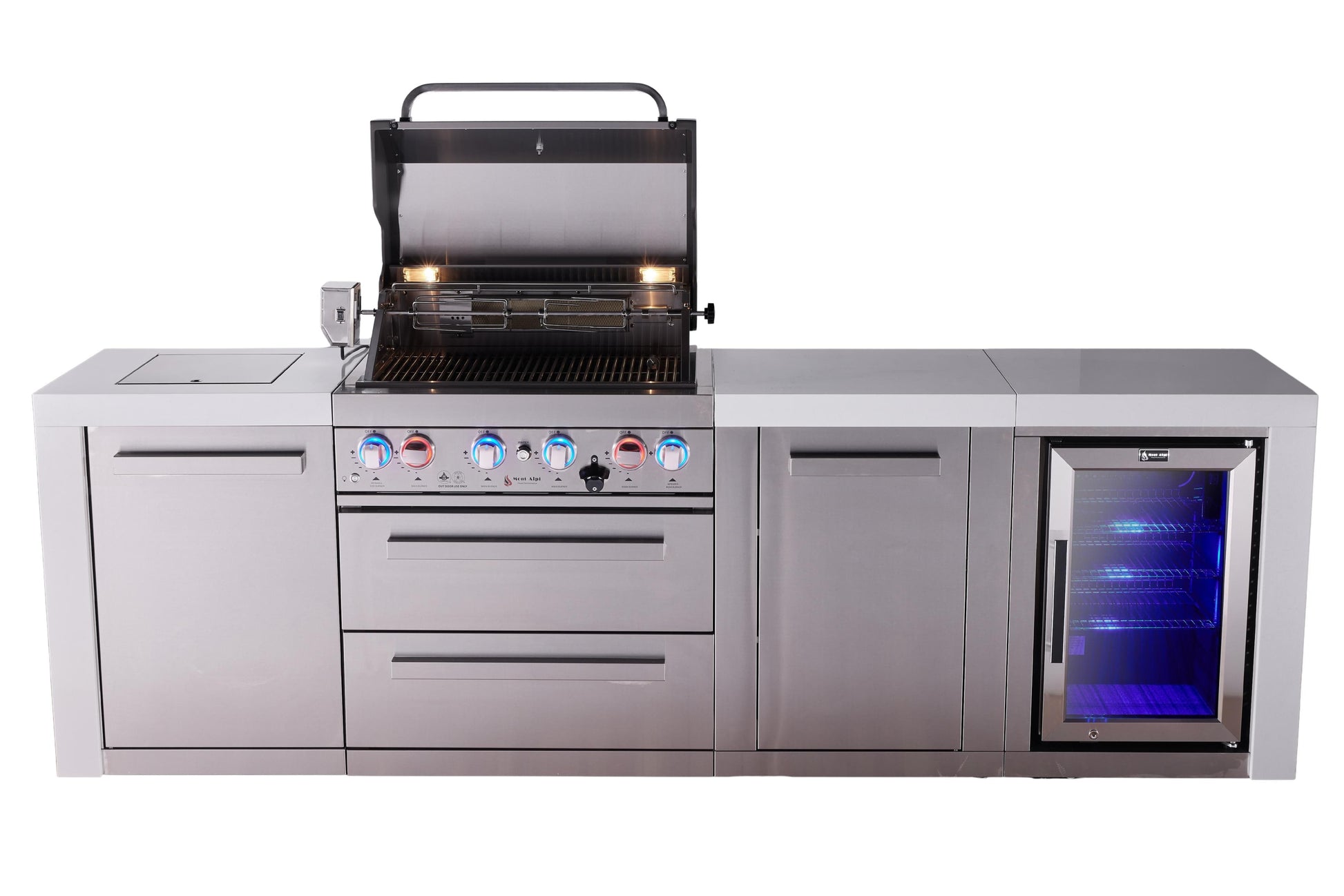 Mont Alpi Islands Mont Alpi 400 Deluxe Island with Fridge Cabinet / 4-Burner Grill, 2 Infrared Burners, Fridge, Storage Cabinet, Stainless Steel / MAi400-DFCXL