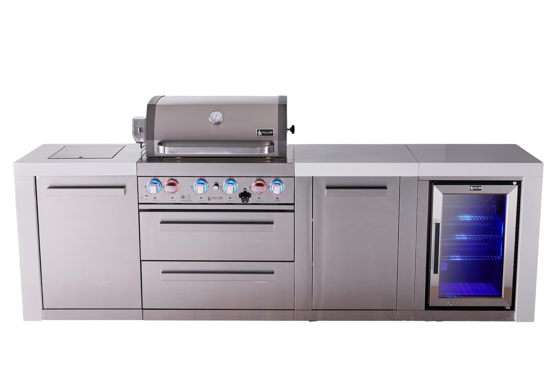 Mont Alpi Islands Mont Alpi 400 Deluxe Island with Fridge Cabinet / 4-Burner Grill, 2 Infrared Burners, Fridge, Storage Cabinet, Stainless Steel / MAi400-DFCXL