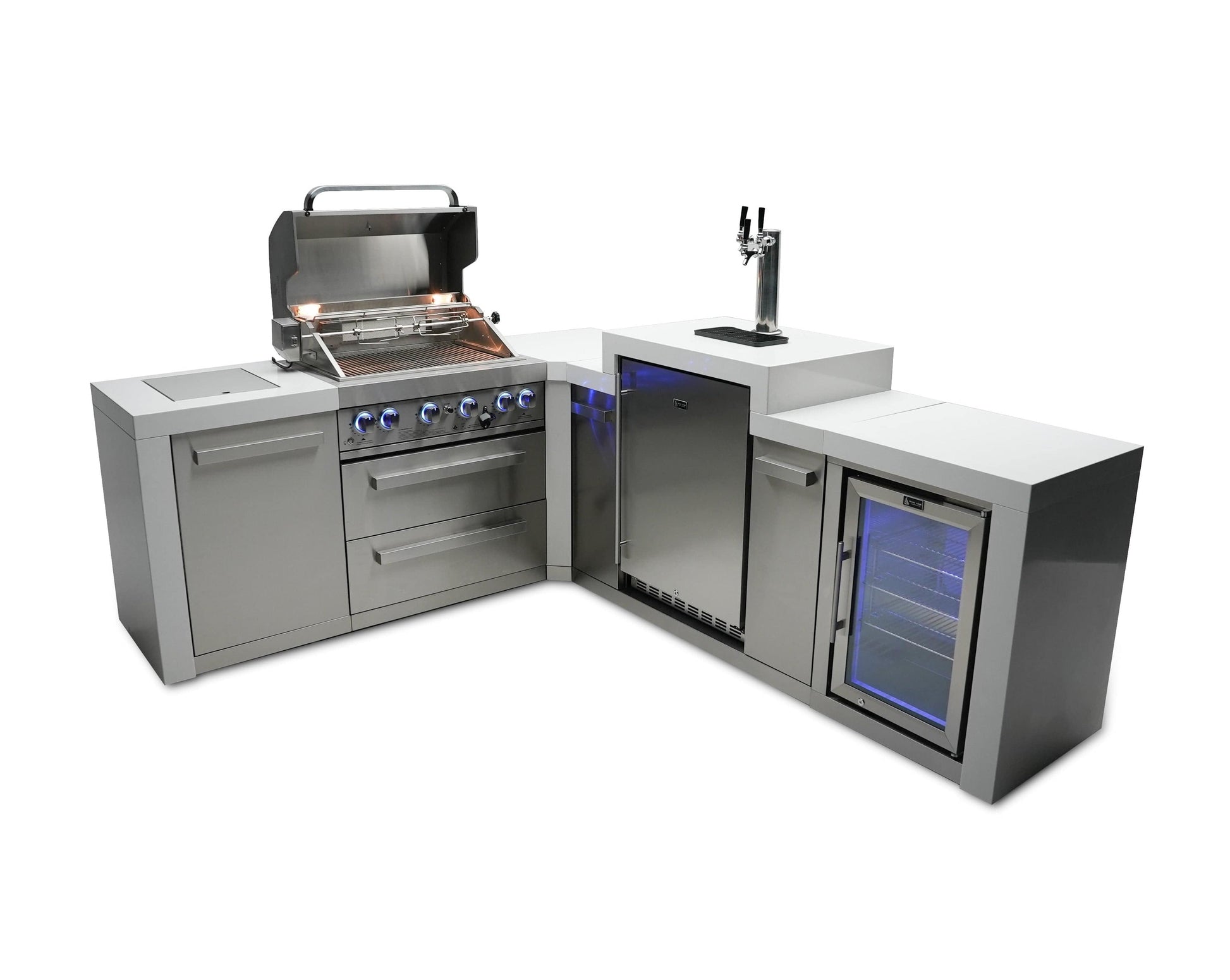 Mont Alpi Islands Mont Alpi 400 Deluxe Island with Fridge Cabinet, 90 Degree Corner, and Kegerator / 4-Burner Grill, 2 Infrared Burners, Fridge, 3 Beer Taps, Stainless Steel / MAi400-D90KEGFC