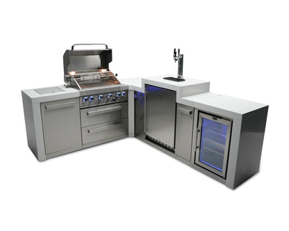 Mont Alpi Islands Mont Alpi 400 Deluxe Island with Fridge Cabinet, 90 Degree Corner, and Kegerator / 4-Burner Grill, 2 Infrared Burners, Fridge, 3 Beer Taps, Stainless Steel / MAi400-D90KEGFC