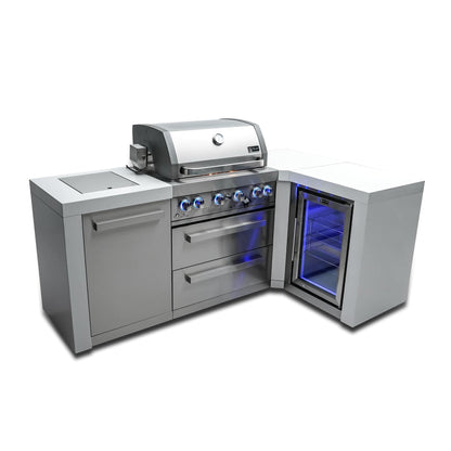 Mont Alpi Islands Mont Alpi 400 Deluxe Island with Fridge Cabinet and 90 Degree Corner / 4-Burner Grill, 2 Infrared Burners, Fridge, Stainless Steel / MAi400-D90FC
