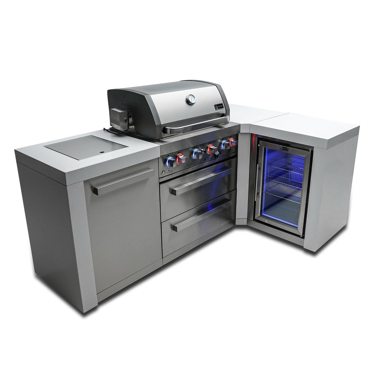 Mont Alpi Islands Mont Alpi 400 Deluxe Island with Fridge Cabinet and 90 Degree Corner / 4-Burner Grill, 2 Infrared Burners, Fridge, Stainless Steel / MAi400-D90FC