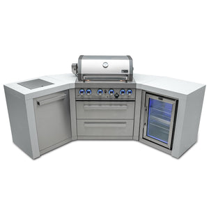 Mont Alpi Islands Mont Alpi 400 Deluxe Island with Fridge Cabinet and Two 45 Degree Corners / 4 Burner Grill, 2 Infrared Burners, Fridge, Stainless Steel / MAi400-D45FC