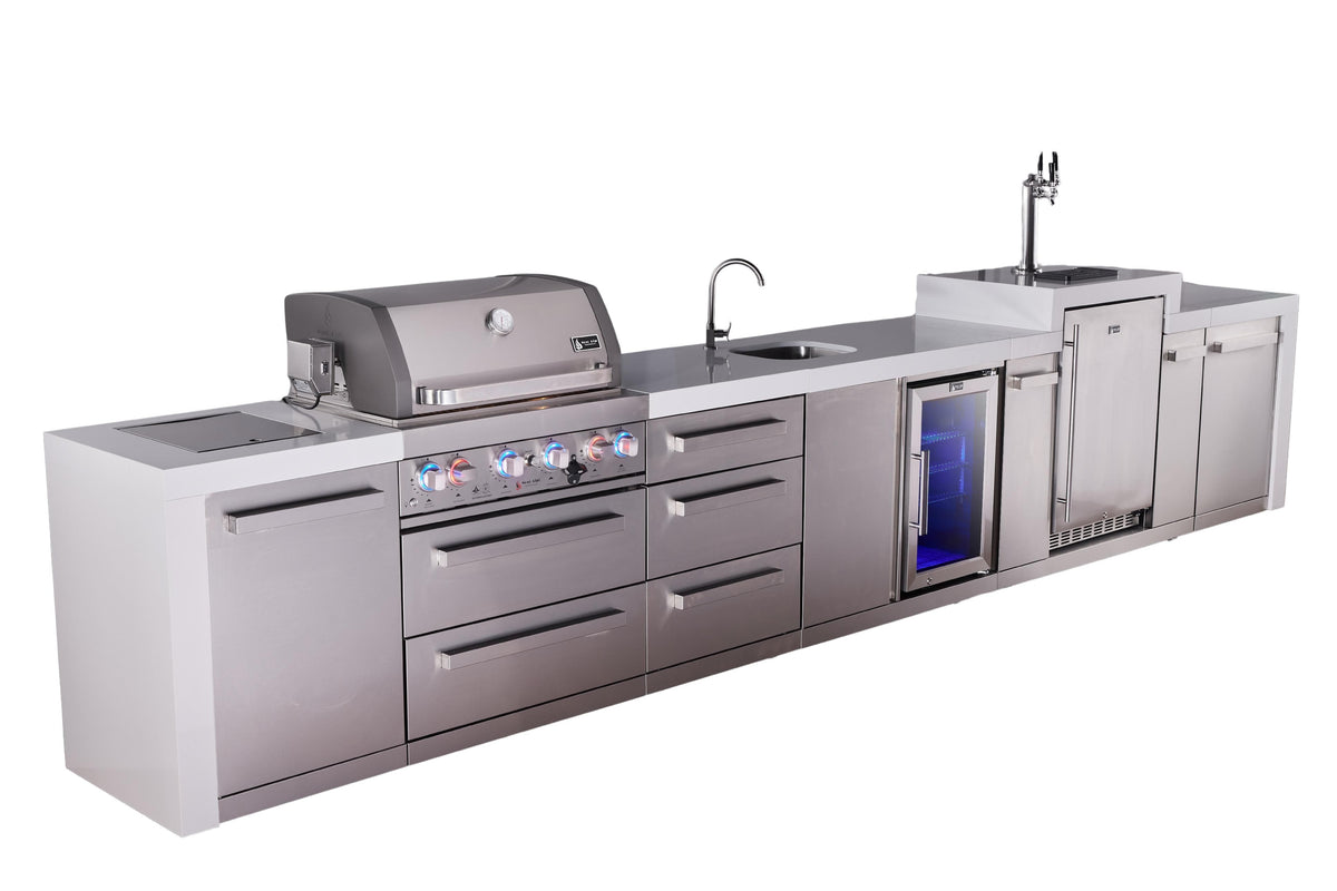Mont Alpi Islands Mont Alpi 400 Deluxe Island with Kegerator, Beverage Center, and Drawer Cabinet | 4-Burner Grill, 3 Drawers, 3 Beer Taps, Sink, Fridge, Stainless Steel | MAi400-DKEGBEVDR