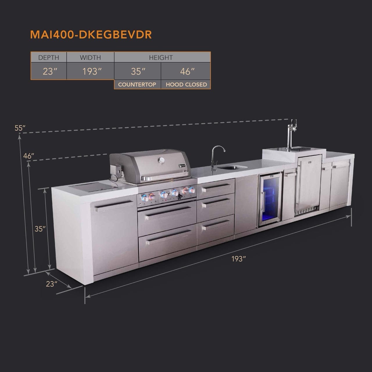 Mont Alpi Islands Mont Alpi 400 Deluxe Island with Kegerator, Beverage Center, and Drawer Cabinet | 4-Burner Grill, 3 Drawers, 3 Beer Taps, Sink, Fridge, Stainless Steel | MAi400-DKEGBEVDR