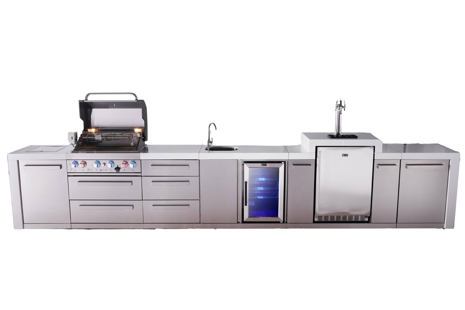 Mont Alpi Islands Mont Alpi 400 Deluxe Island with Kegerator, Beverage Center, and Drawer Cabinet | 4-Burner Grill, 3 Drawers, 3 Beer Taps, Sink, Fridge, Stainless Steel | MAi400-DKEGBEVDR