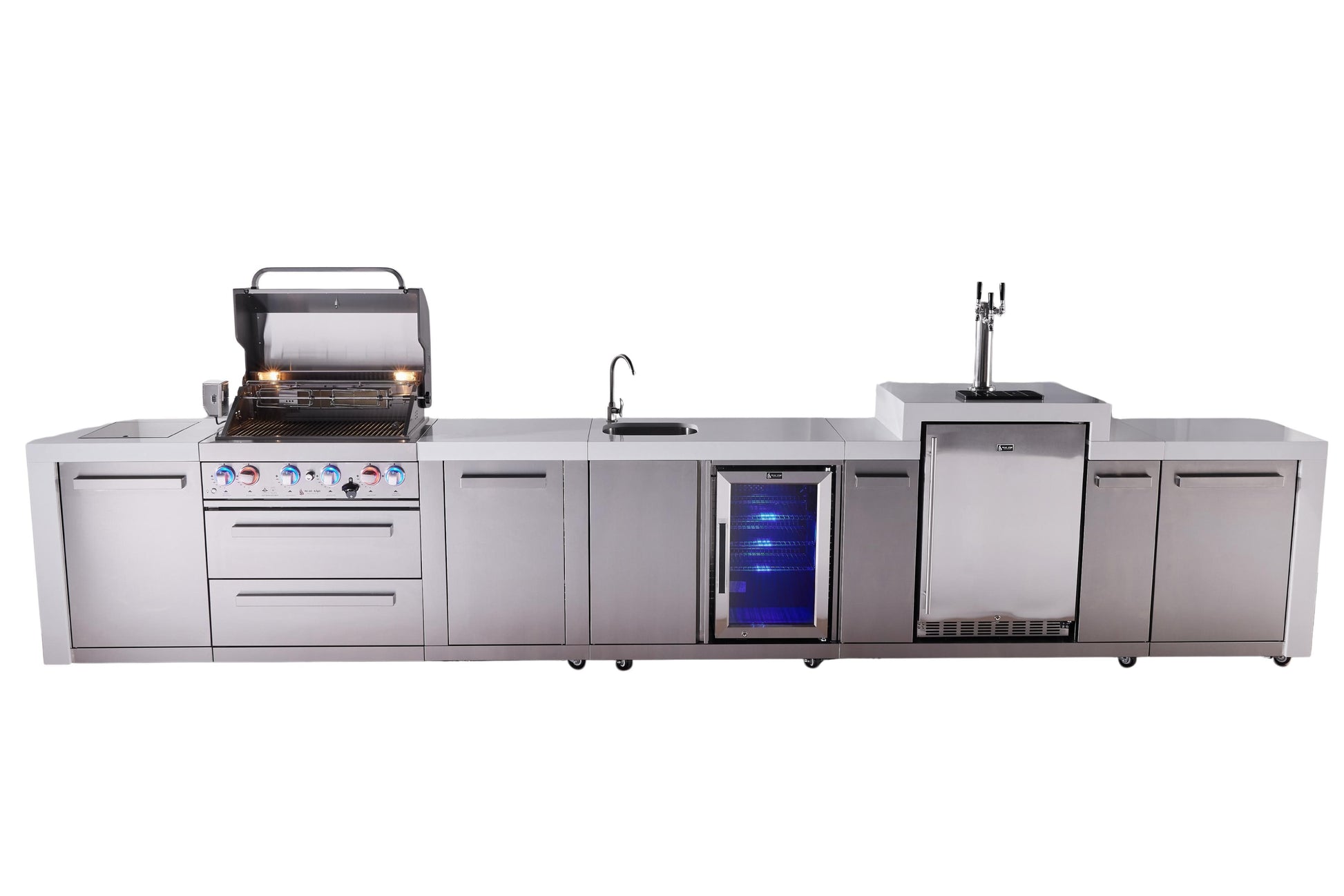 Mont Alpi Islands Mont Alpi 400 Deluxe Island with Kegerator, Beverage Center, and Extra Storage Cabinet | 4-Burner Grill, 3 Beer Taps, Sink, Fridge, Stainless Steel | MAi400-DKEGBEVXL