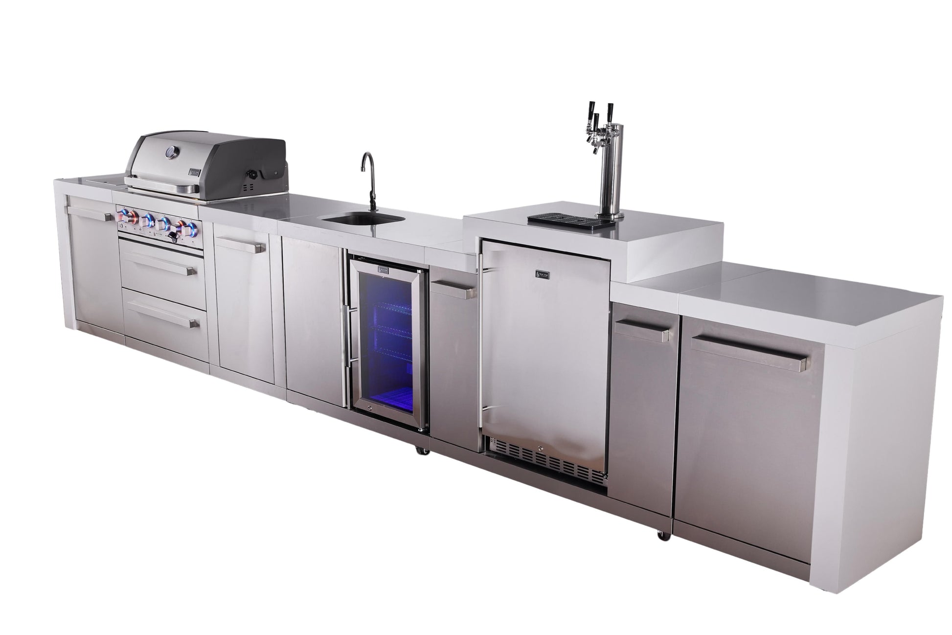 Mont Alpi Islands Mont Alpi 400 Deluxe Island with Kegerator, Beverage Center, and Extra Storage Cabinet | 4-Burner Grill, 3 Beer Taps, Sink, Fridge, Stainless Steel | MAi400-DKEGBEVXL