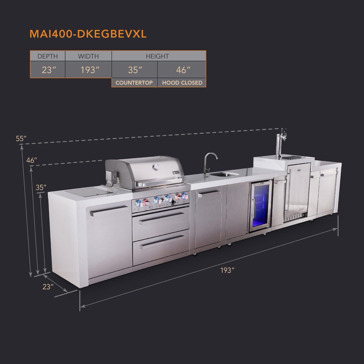 Mont Alpi Islands Mont Alpi 400 Deluxe Island with Kegerator, Beverage Center, and Extra Storage Cabinet | 4-Burner Grill, 3 Beer Taps, Sink, Fridge, Stainless Steel | MAi400-DKEGBEVXL