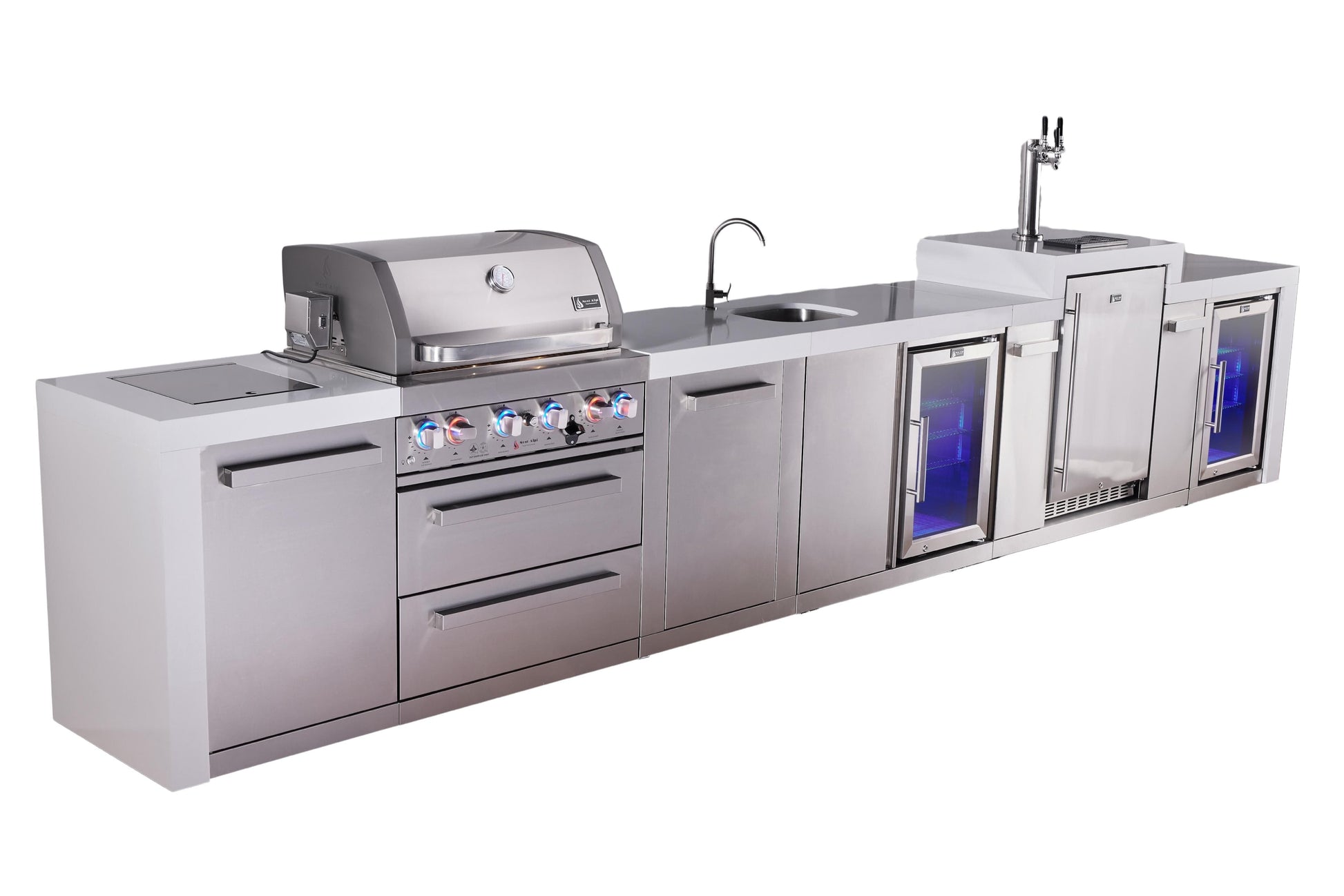 Mont Alpi Islands Mont Alpi 400 Deluxe Island with Kegerator, Beverage Center, Fridge Cabinet, and Extra Storage Cabinet | 4-Burner Grill, 3 Beer Taps, Sink, 2 Fridges, Stainless Steel | MAi400-DKEGBEVFCXL