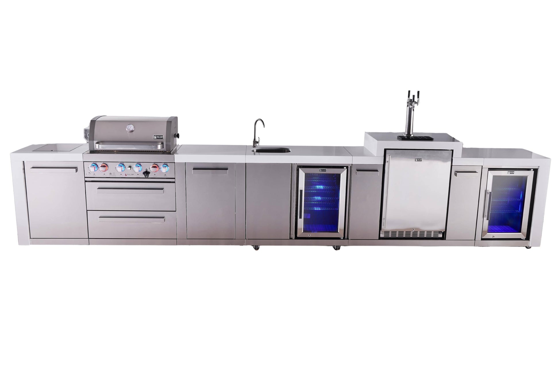 Mont Alpi Islands Mont Alpi 400 Deluxe Island with Kegerator, Beverage Center, Fridge Cabinet, and Extra Storage Cabinet | 4-Burner Grill, 3 Beer Taps, Sink, 2 Fridges, Stainless Steel | MAi400-DKEGBEVFCXL