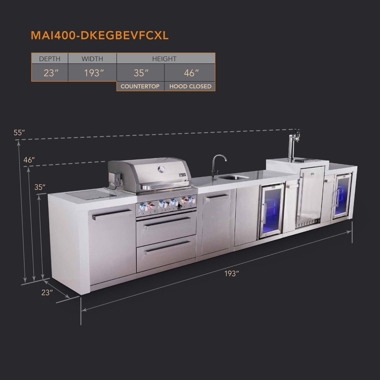 Mont Alpi Islands Mont Alpi 400 Deluxe Island with Kegerator, Beverage Center, Fridge Cabinet, and Extra Storage Cabinet | 4-Burner Grill, 3 Beer Taps, Sink, 2 Fridges, Stainless Steel | MAi400-DKEGBEVFCXL