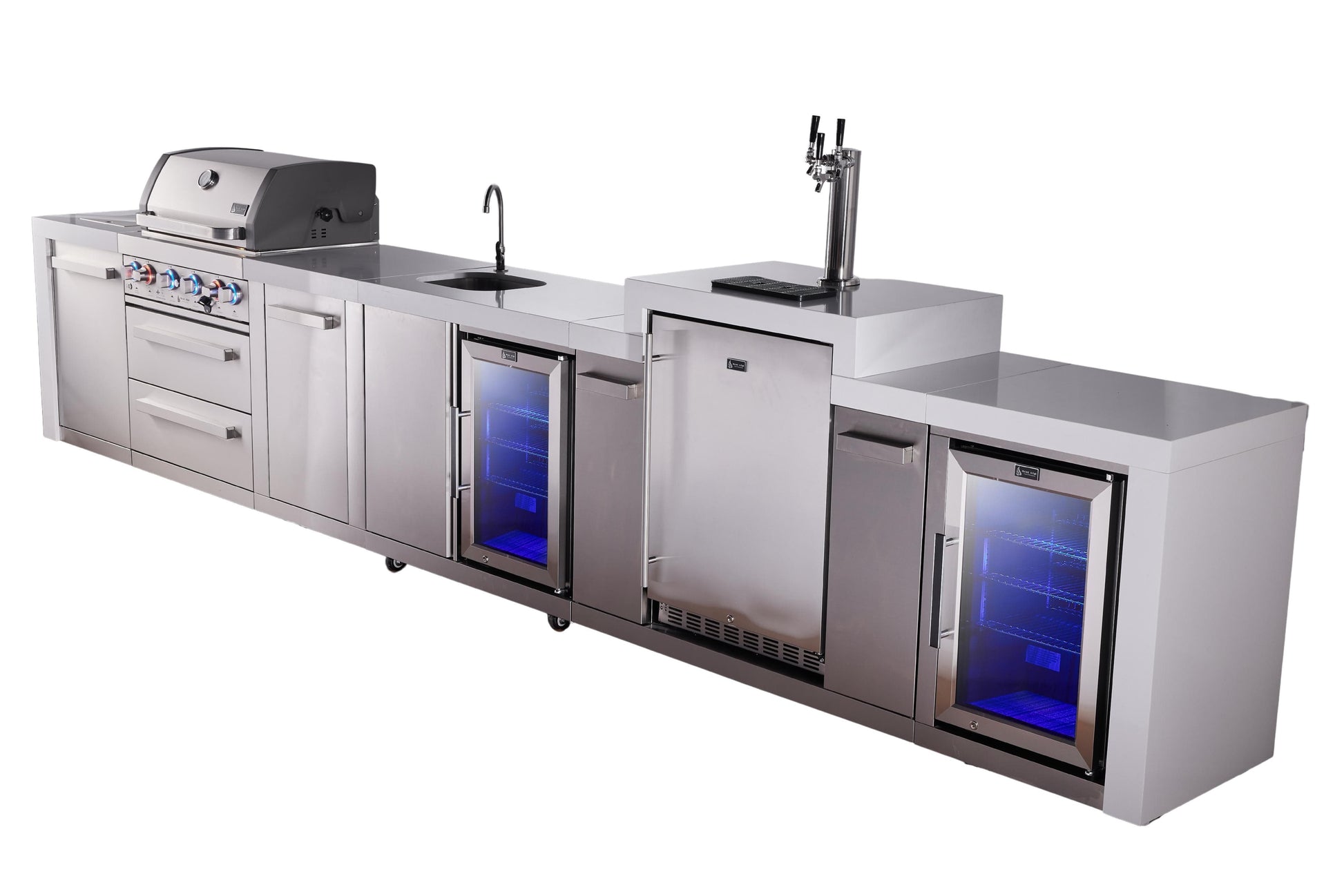 Mont Alpi Islands Mont Alpi 400 Deluxe Island with Kegerator, Beverage Center, Fridge Cabinet, and Extra Storage Cabinet | 4-Burner Grill, 3 Beer Taps, Sink, 2 Fridges, Stainless Steel | MAi400-DKEGBEVFCXL