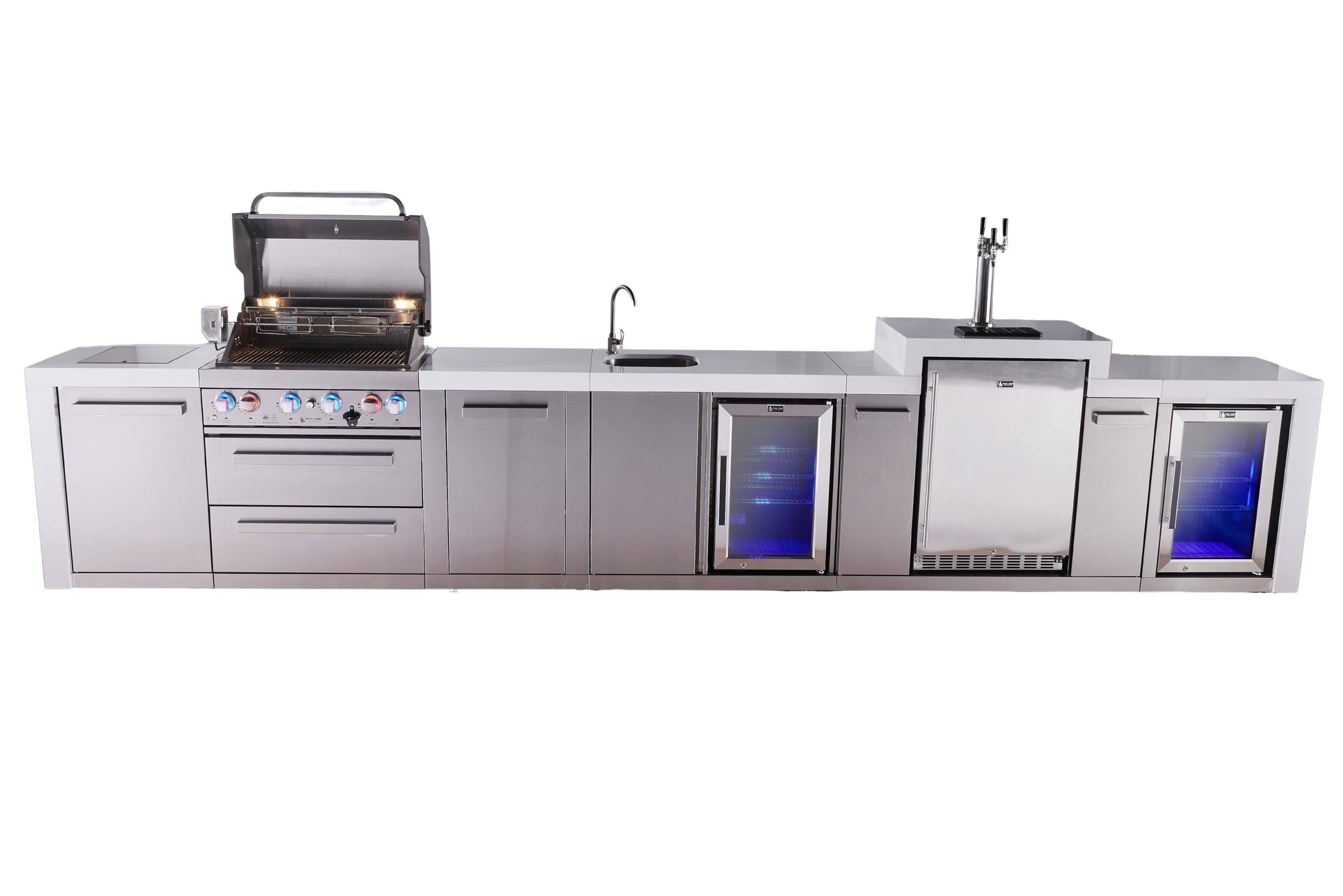 Mont Alpi Islands Mont Alpi 400 Deluxe Island with Kegerator, Beverage Center, Fridge Cabinet, and Extra Storage Cabinet | 4-Burner Grill, 3 Beer Taps, Sink, 2 Fridges, Stainless Steel | MAi400-DKEGBEVFCXL