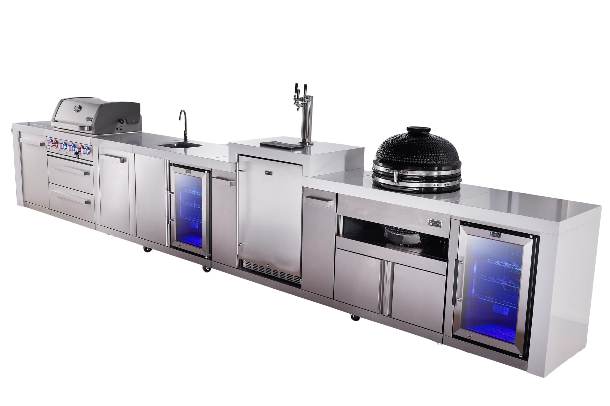 Mont Alpi Islands Mont Alpi 400 Deluxe Island with Kegerator, Beverage Center, Fridge Cabinet, Kamado Grill, and Extra Storage Cabinet | 4-Burner Grill, 3 Beer Taps, Sink, 2 Fridges, Stainless Steel | MAi400-DKEGBEVFCKAMXL