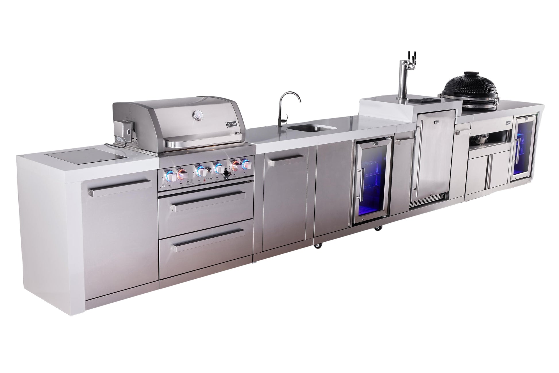 Mont Alpi Islands Mont Alpi 400 Deluxe Island with Kegerator, Beverage Center, Fridge Cabinet, Kamado Grill, and Extra Storage Cabinet | 4-Burner Grill, 3 Beer Taps, Sink, 2 Fridges, Stainless Steel | MAi400-DKEGBEVFCKAMXL