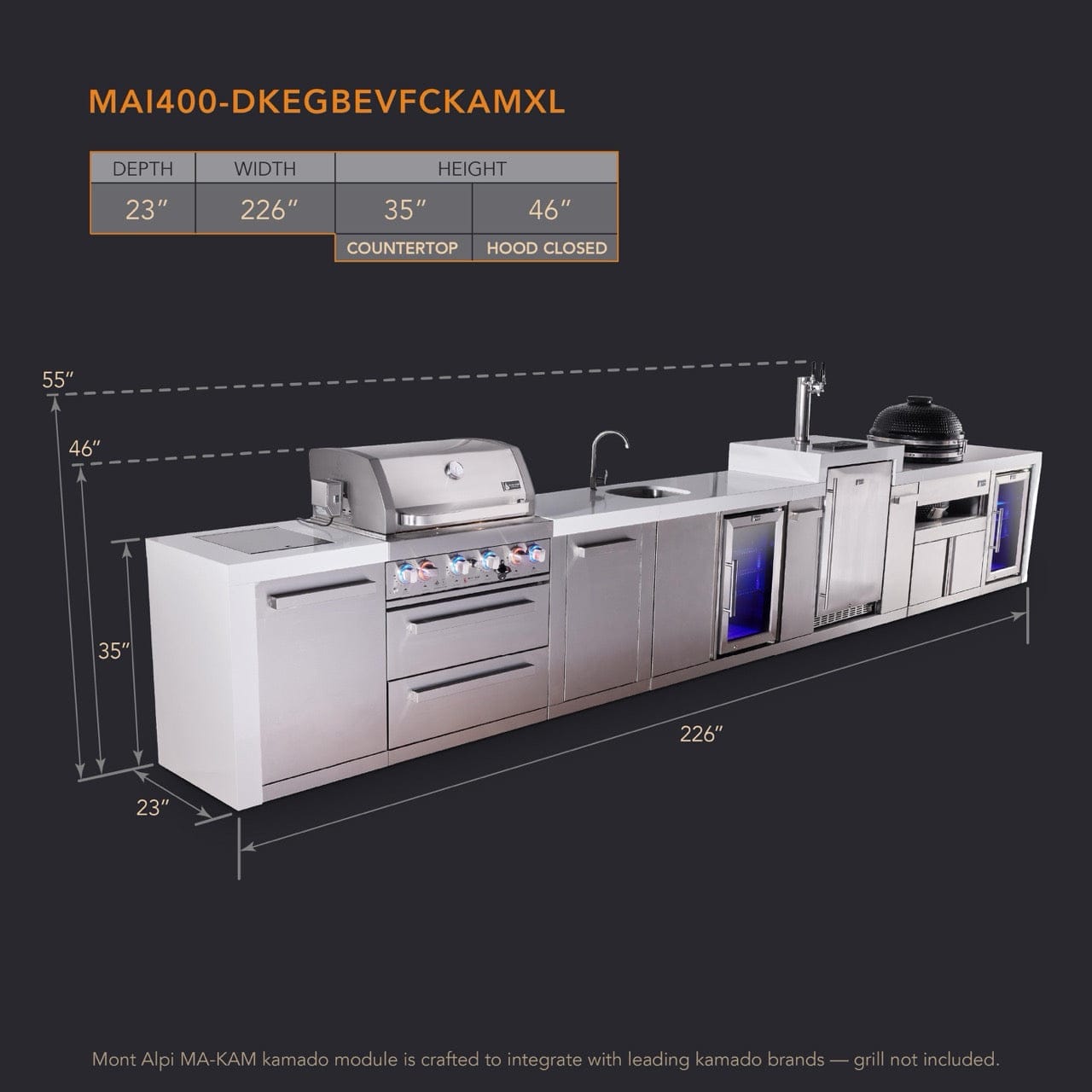 Mont Alpi Islands Mont Alpi 400 Deluxe Island with Kegerator, Beverage Center, Fridge Cabinet, Kamado Grill, and Extra Storage Cabinet | 4-Burner Grill, 3 Beer Taps, Sink, 2 Fridges, Stainless Steel | MAi400-DKEGBEVFCKAMXL