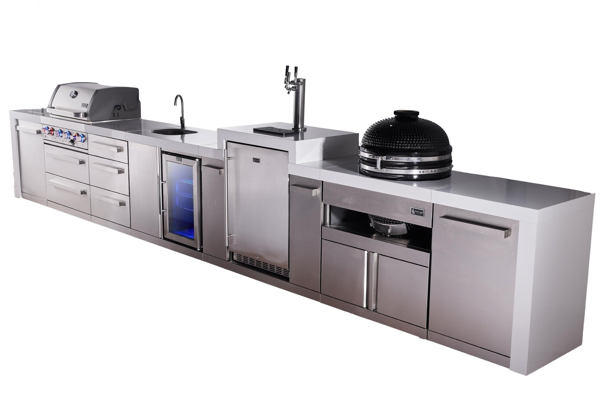 Mont Alpi Islands Mont Alpi 400 Deluxe Island with Kegerator, Beverage Center, Kamado Grill, and Drawer Cabinet | 4-Burner Grill, 3 Drawers, 3 Beer Taps, Sink, Fridge, Stainless Steel | MAi400-DKEGBEVKAMDR