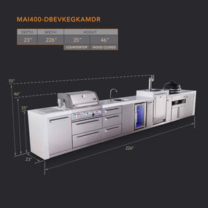 Mont Alpi Islands Mont Alpi 400 Deluxe Island with Kegerator, Beverage Center, Kamado Grill, and Drawer Cabinet | 4-Burner Grill, 3 Drawers, 3 Beer Taps, Sink, Fridge, Stainless Steel | MAi400-DKEGBEVKAMDR