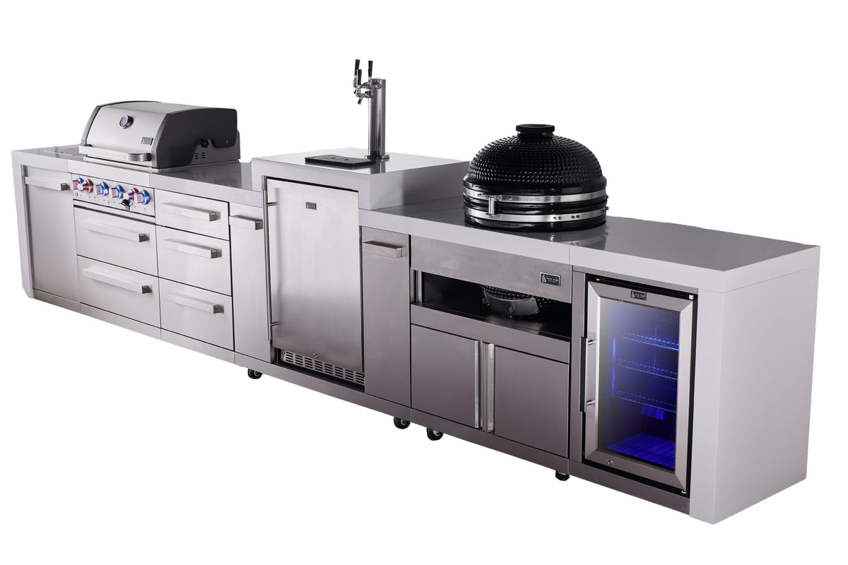 Mont Alpi Islands Mont Alpi 400 Deluxe Island with Kegerator, Fridge Cabinet, Kamado Grill, and Drawer Cabinet | 4-Burner Grill, 3 Drawers, 3 Beer Taps, Fridge, Stainless Steel | MAi400-DKEGFCKAMDR