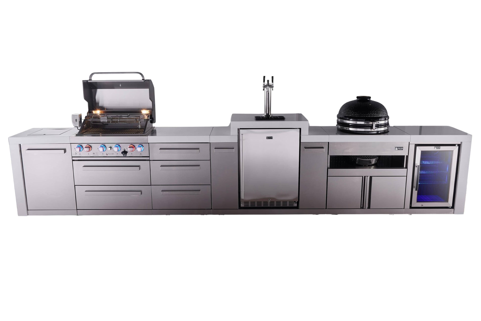 Mont Alpi Islands Mont Alpi 400 Deluxe Island with Kegerator, Fridge Cabinet, Kamado Grill, and Drawer Cabinet | 4-Burner Grill, 3 Drawers, 3 Beer Taps, Fridge, Stainless Steel | MAi400-DKEGFCKAMDR