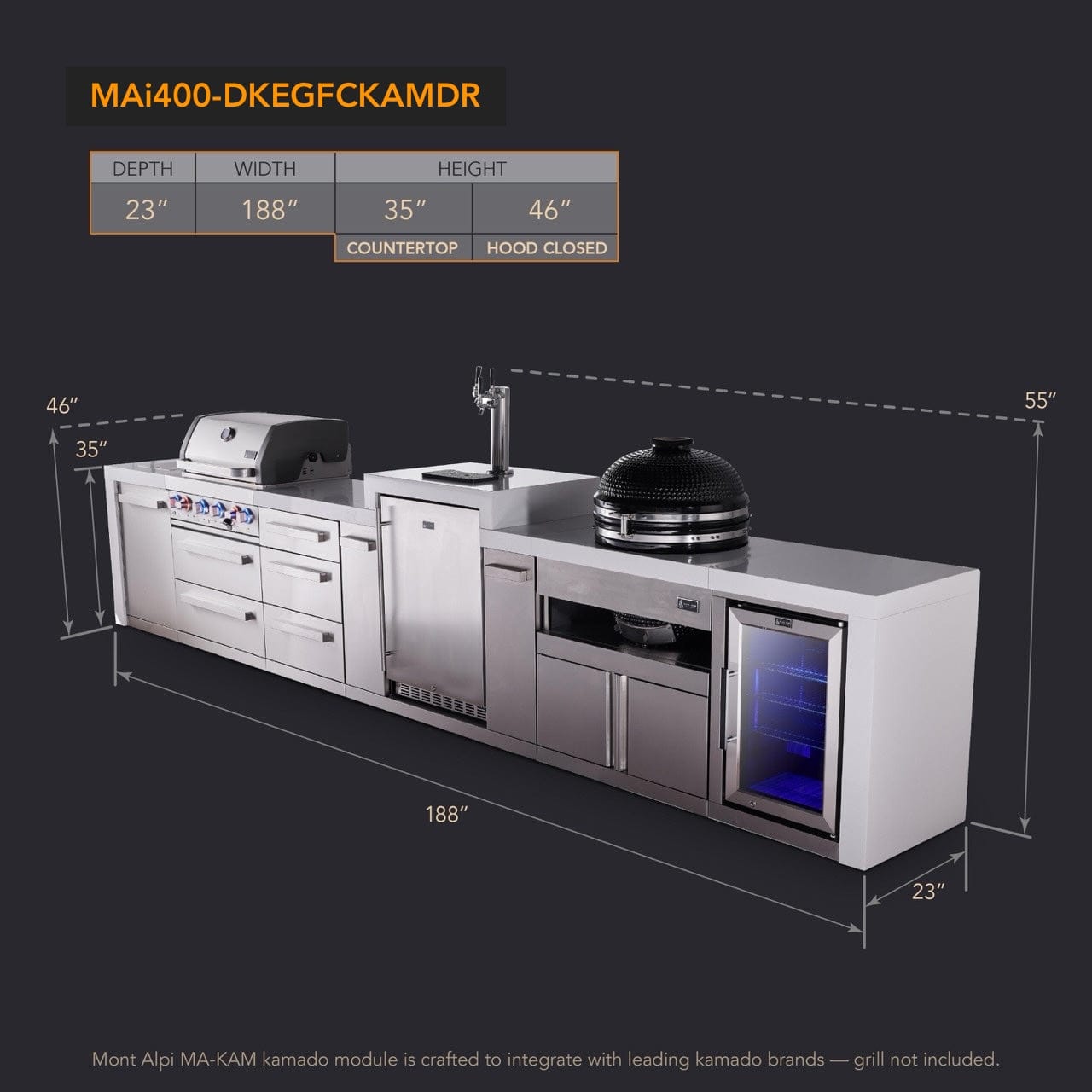 Premium Mont Alpi outdoor kitchen with grill, sink, fridge, and storage; 188" wide x 23" deep.