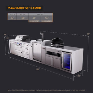 Premium Mont Alpi outdoor kitchen with grill, sink, fridge, and storage; 188" wide x 23" deep.