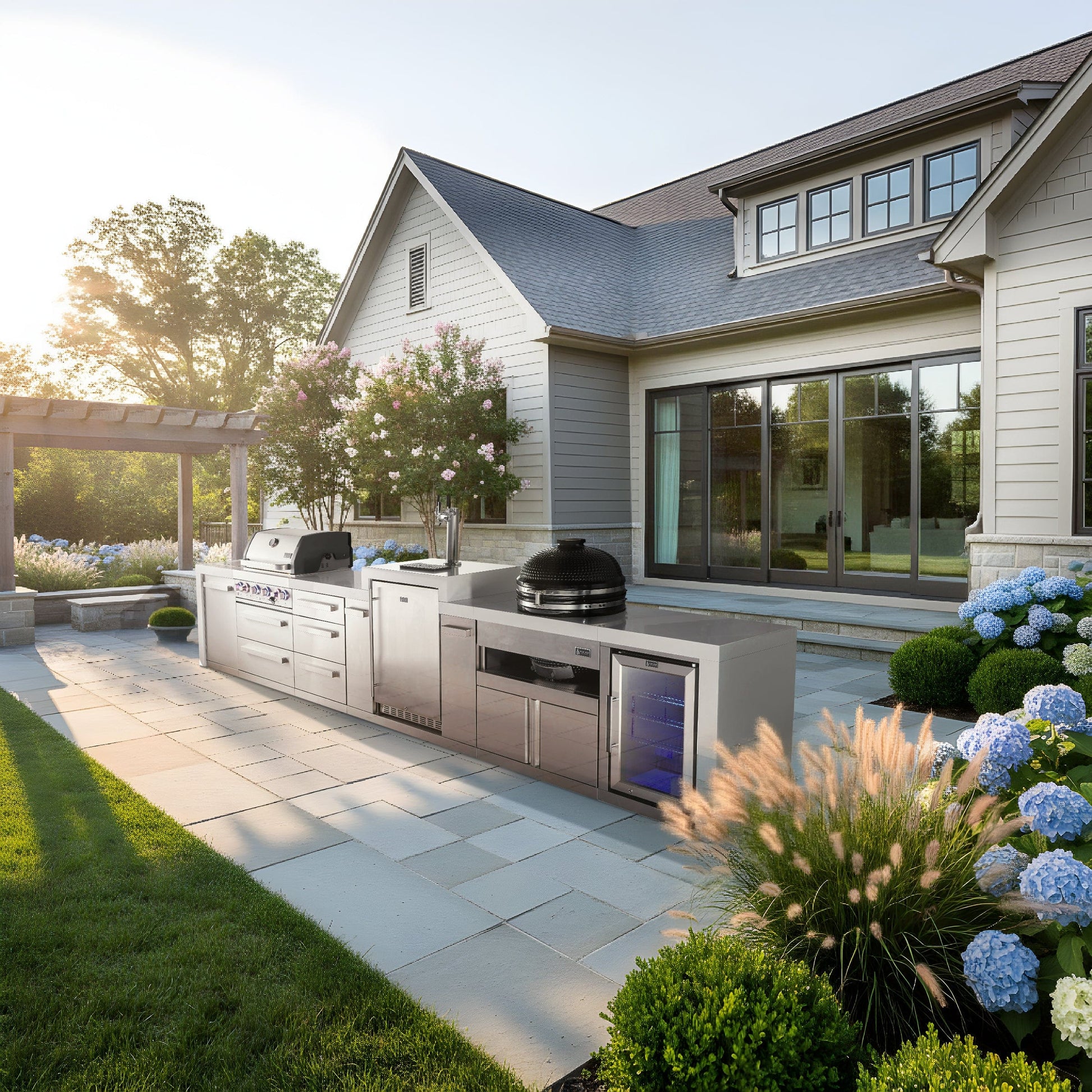 Premium Mont Alpi outdoor kitchen with grill, outdoor fridge, and sleek finish set amid lush greenery.