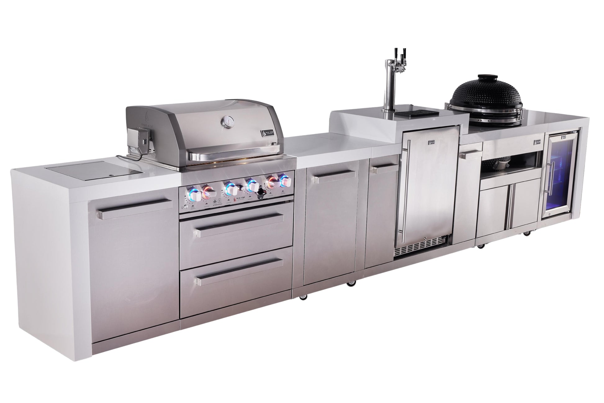 Mont Alpi Islands Mont Alpi 400 Deluxe Island with Kegerator, Fridge Cabinet, Kamado Grill, and Extra Storage Cabinet | 4-Burner Grill, 3 Beer Taps, Fridge, Stainless Steel | MAi400-DKEGKAMFCXL
