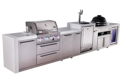 Mont Alpi Islands Mont Alpi 400 Deluxe Island with Kegerator, Fridge Cabinet, Kamado Grill, and Extra Storage Cabinet | 4-Burner Grill, 3 Beer Taps, Fridge, Stainless Steel | MAi400-DKEGKAMFCXL