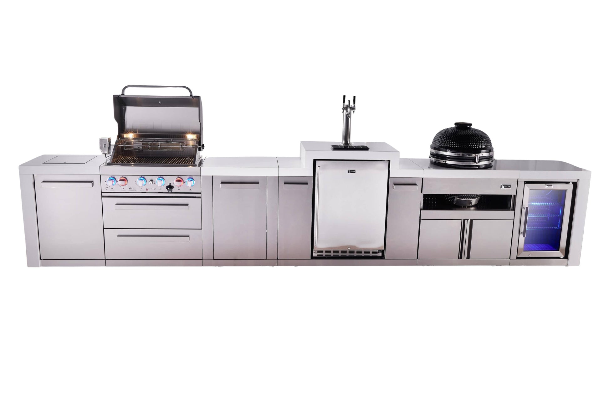 Mont Alpi Islands Mont Alpi 400 Deluxe Island with Kegerator, Fridge Cabinet, Kamado Grill, and Extra Storage Cabinet | 4-Burner Grill, 3 Beer Taps, Fridge, Stainless Steel | MAi400-DKEGKAMFCXL