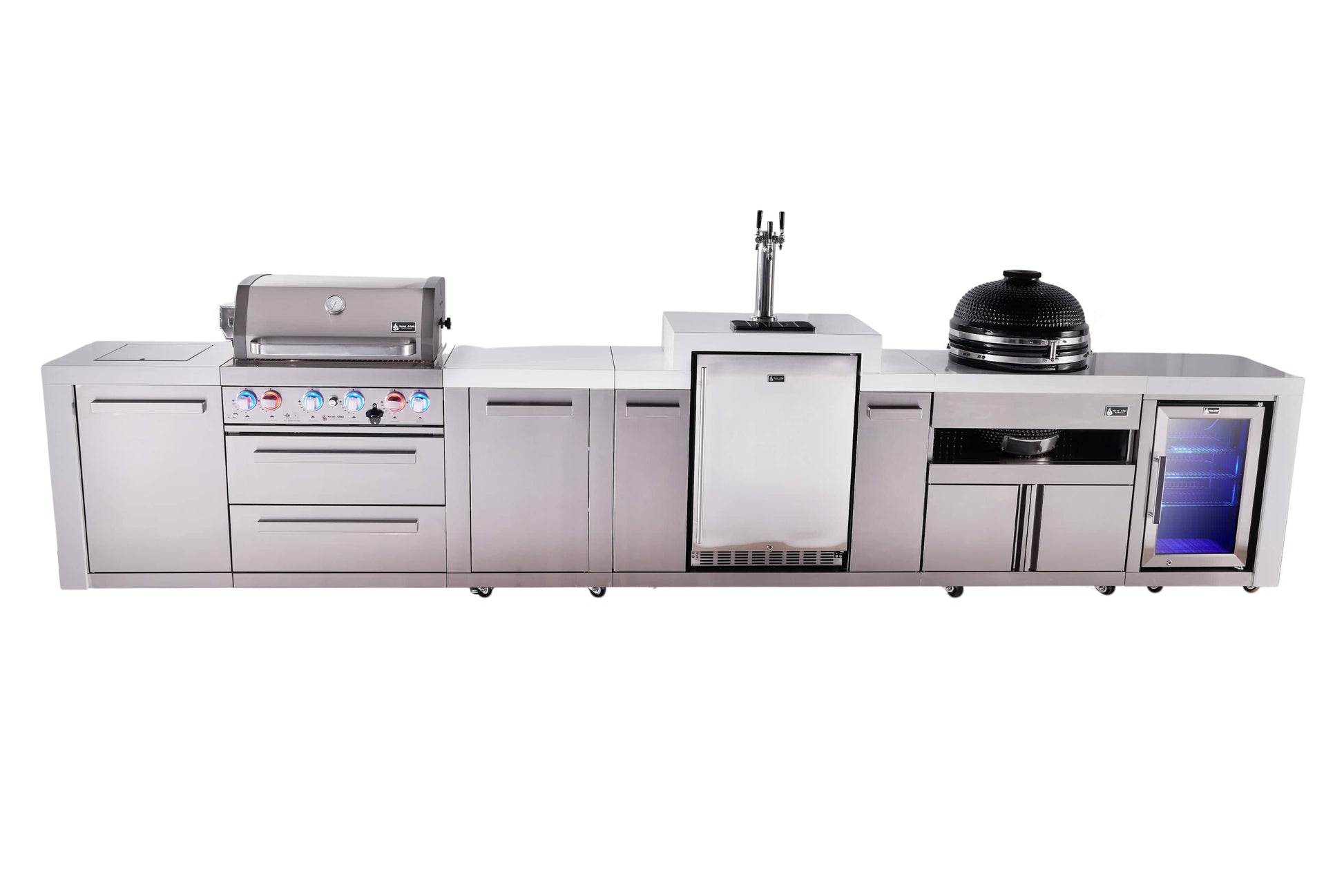 Mont Alpi Islands Mont Alpi 400 Deluxe Island with Kegerator, Fridge Cabinet, Kamado Grill, and Extra Storage Cabinet | 4-Burner Grill, 3 Beer Taps, Fridge, Stainless Steel | MAi400-DKEGKAMFCXL
