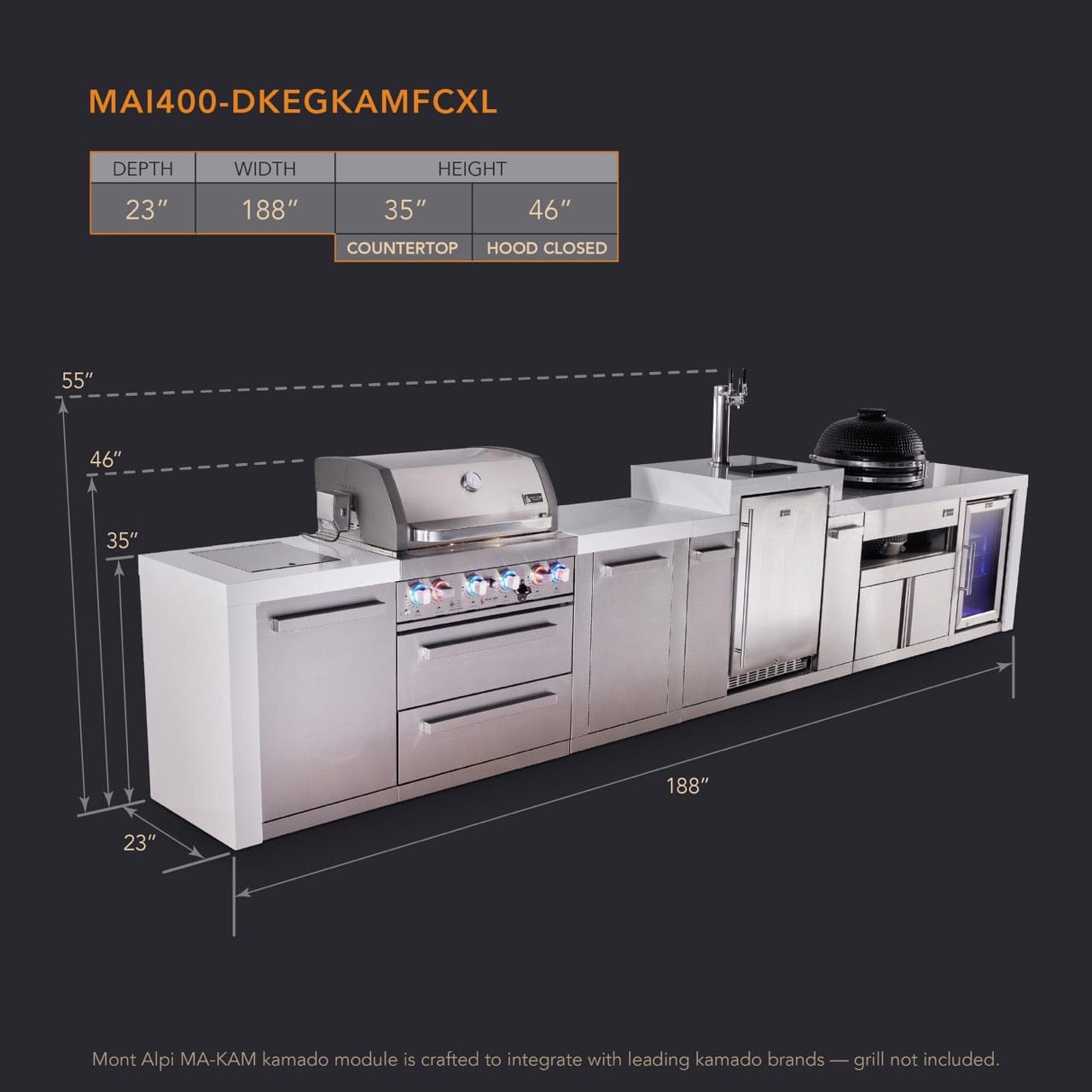 Mont Alpi Islands Mont Alpi 400 Deluxe Island with Kegerator, Fridge Cabinet, Kamado Grill, and Extra Storage Cabinet | 4-Burner Grill, 3 Beer Taps, Fridge, Stainless Steel | MAi400-DKEGKAMFCXL