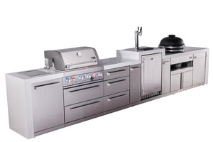 Mont Alpi Islands Mont Alpi 400 Deluxe Island with Kegerator, Kamado Grill, and Drawer Cabinet | 4-Burner Grill, 3 Drawers, 3 Beer Taps, Stainless Steel | MAi400-DKEGKAMDR