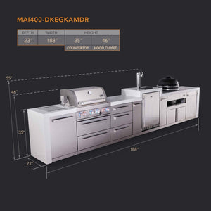 Mont Alpi Islands Mont Alpi 400 Deluxe Island with Kegerator, Kamado Grill, and Drawer Cabinet | 4-Burner Grill, 3 Drawers, 3 Beer Taps, Stainless Steel | MAi400-DKEGKAMDR