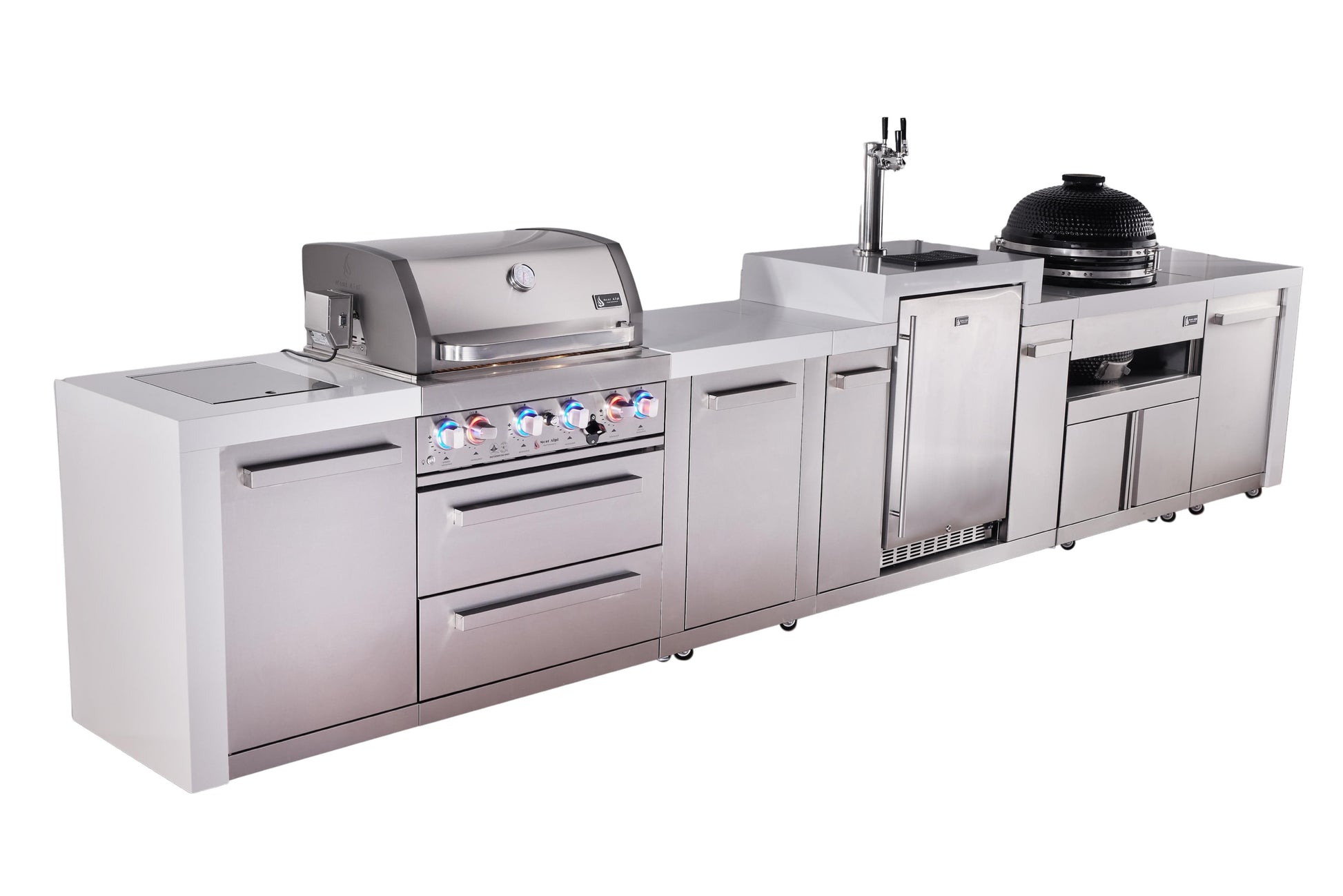 Mont Alpi Islands Mont Alpi 400 Deluxe Island with Kegerator, Kamado Grill, and Extra Storage Cabinet | 4-Burner Grill, 3 Beer Taps, Stainless Steel | MAi400D-DKEGKAMXL