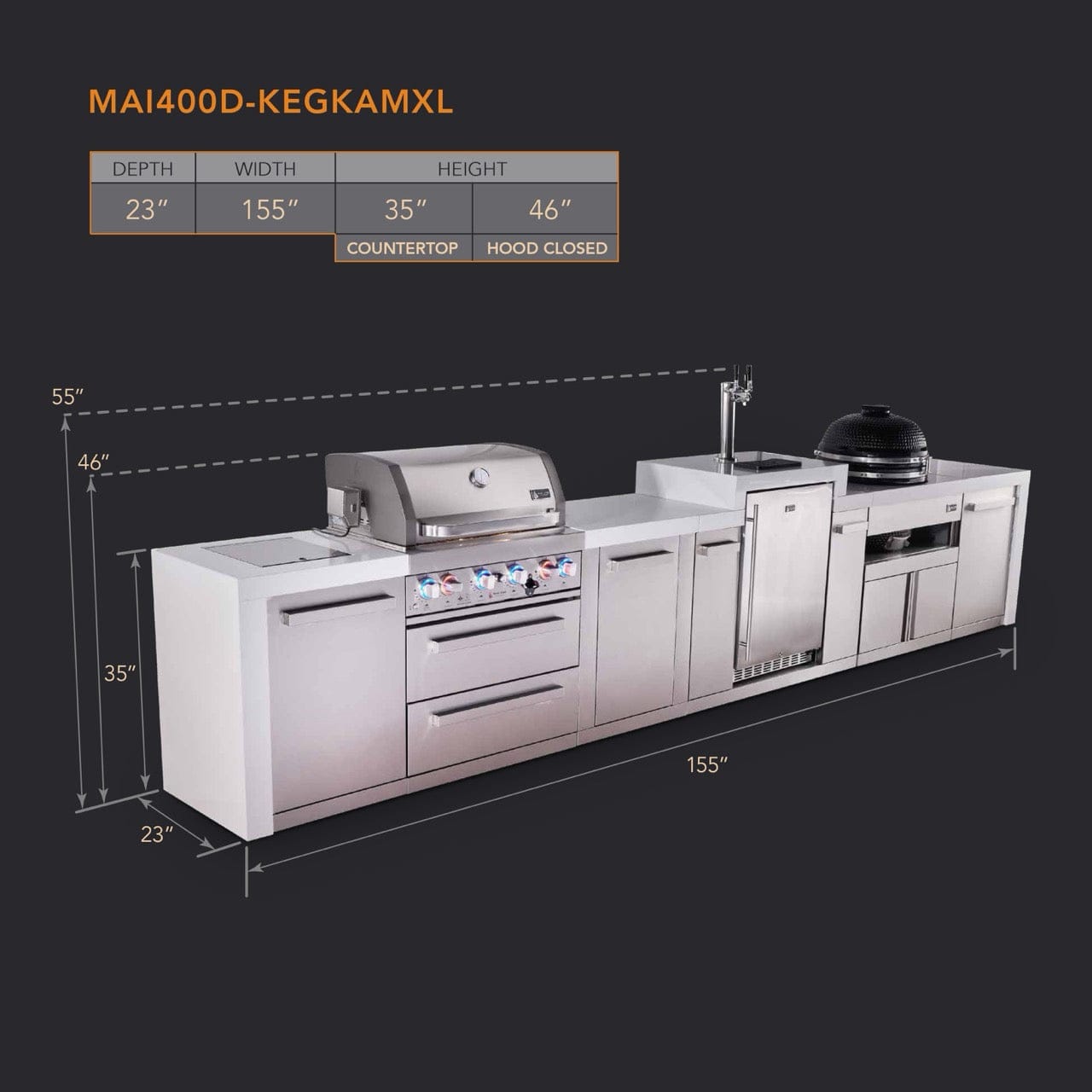 Mont Alpi Islands Mont Alpi 400 Deluxe Island with Kegerator, Kamado Grill, and Extra Storage Cabinet | 4-Burner Grill, 3 Beer Taps, Stainless Steel | MAi400D-DKEGKAMXL