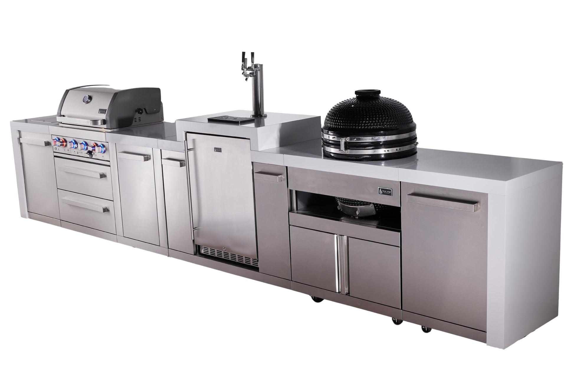 Mont Alpi Islands Mont Alpi 400 Deluxe Island with Kegerator, Kamado Grill, and Extra Storage Cabinet | 4-Burner Grill, 3 Beer Taps, Stainless Steel | MAi400D-DKEGKAMXL