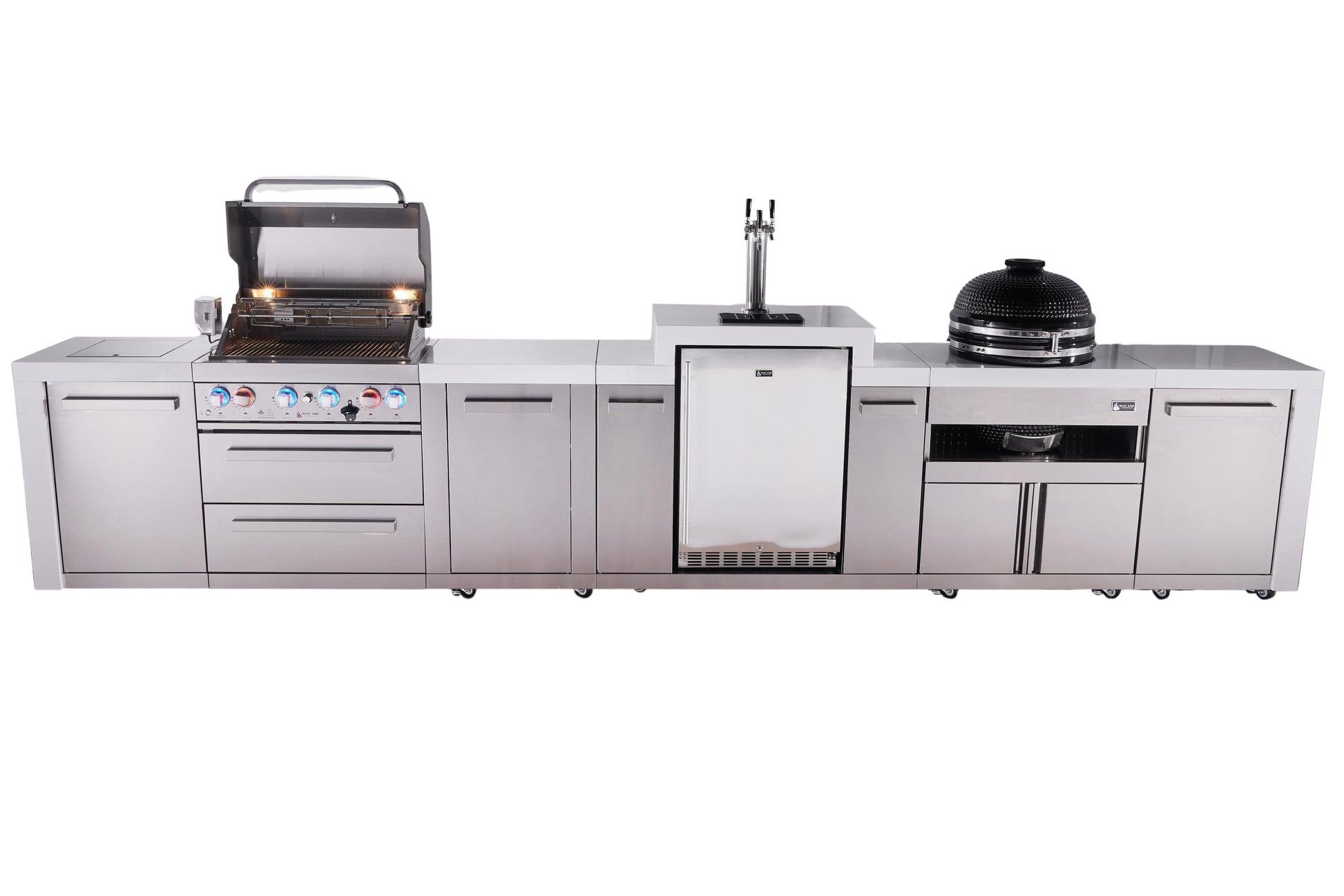 Mont Alpi Islands Mont Alpi 400 Deluxe Island with Kegerator, Kamado Grill, and Extra Storage Cabinet | 4-Burner Grill, 3 Beer Taps, Stainless Steel | MAi400D-DKEGKAMXL