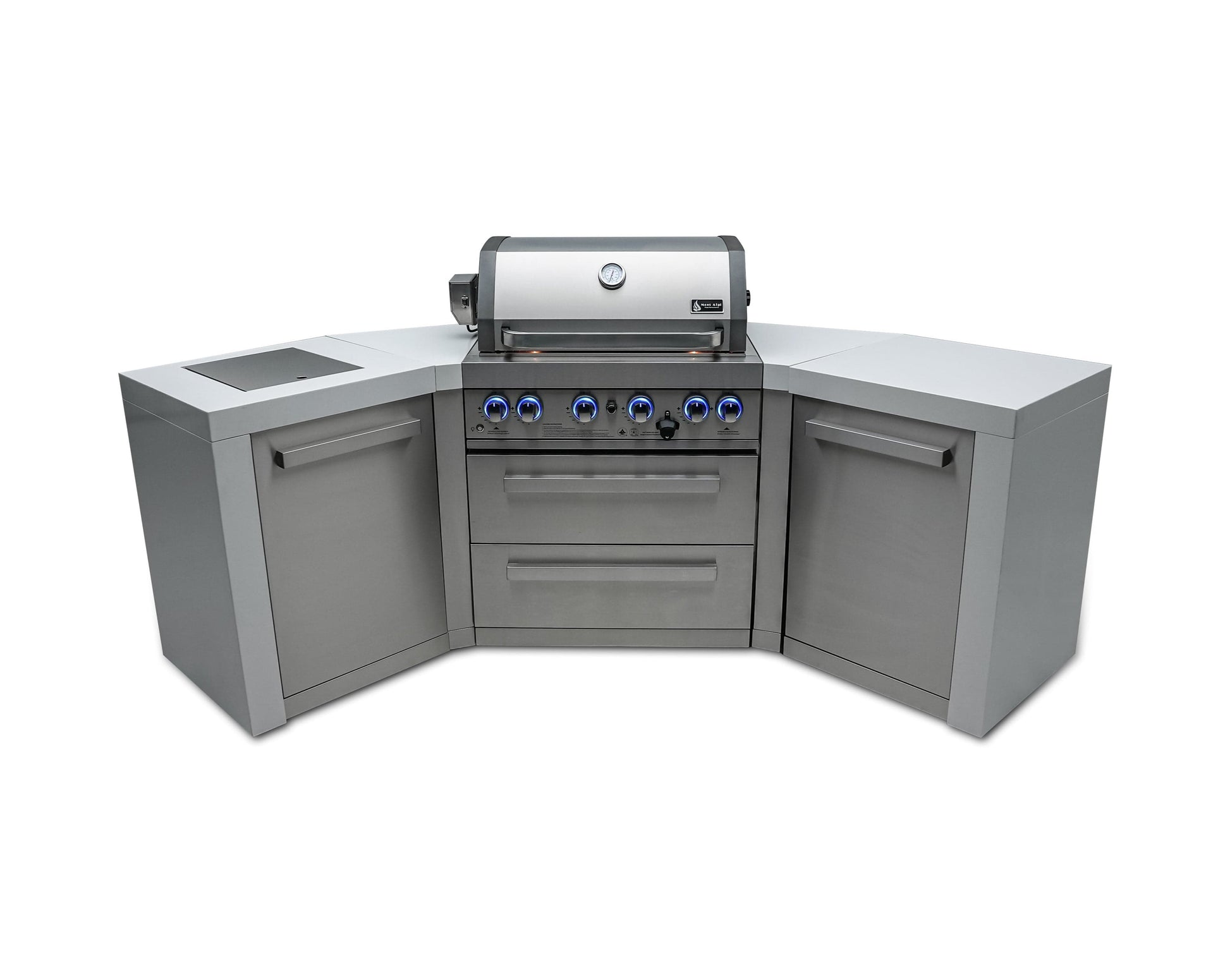 Mont Alpi Islands Mont Alpi 400 Deluxe Island with Two 45 Degree Corners / 4-Burner Grill, 2 Infrared Burners, Stainless Steel, Cover / MAi400-D45